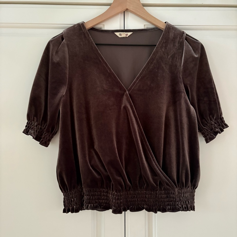 Madewell XXSVelvet Dark Metal Smocked Crossover Top - Picture 2 of 5